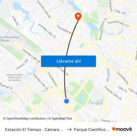 Estación El Tiempo - Cámara De Comercio De Bogotá (Ac 26 - Kr 68b Bis) to Parqué Científico De Innovación Social (Pcis) map