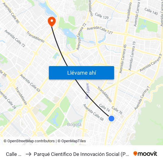 Calle 72 to Parqué Científico De Innovación Social (Pcis) map