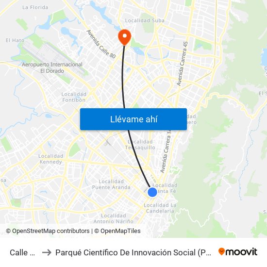 Calle 19 to Parqué Científico De Innovación Social (Pcis) map