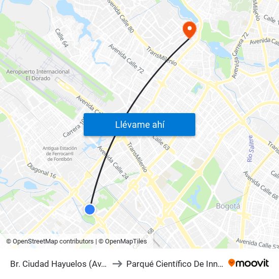 Br. Ciudad Hayuelos (Av. Centenario - Kr 78g) to Parqué Científico De Innovación Social (Pcis) map