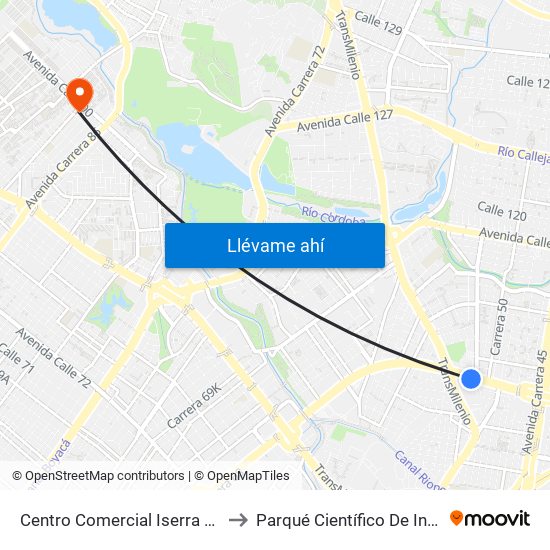 Centro Comercial Iserra 100 (Ac 100 - Kr 54) (B) to Parqué Científico De Innovación Social (Pcis) map