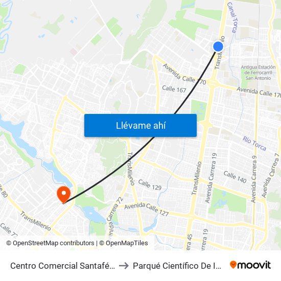 Centro Comercial Santafé (Auto Norte - Cl 187) (B) to Parqué Científico De Innovación Social (Pcis) map