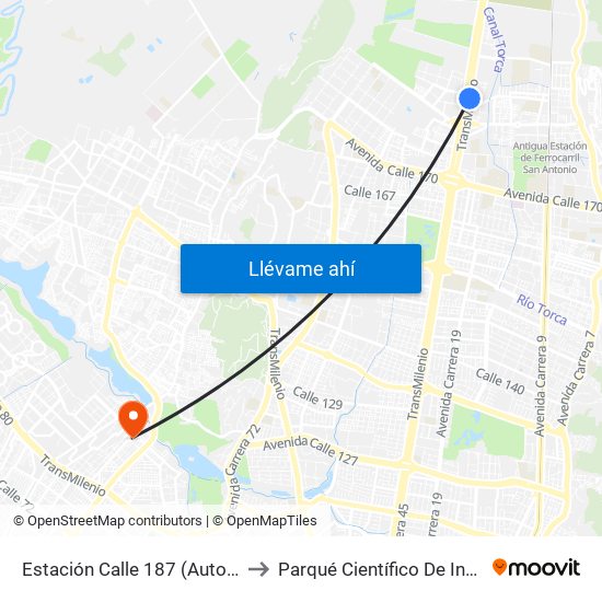 Estación Calle 187 (Auto Norte - Cl 187 Bis) (A) to Parqué Científico De Innovación Social (Pcis) map