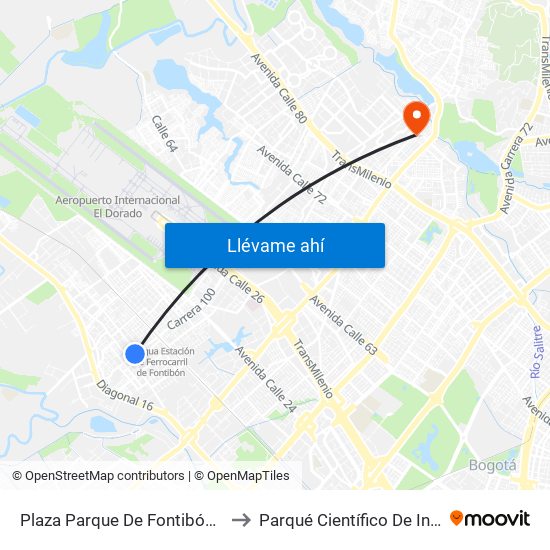 Plaza Parque De Fontibón Kr 100 (Kr 100 - Cl 17a) to Parqué Científico De Innovación Social (Pcis) map