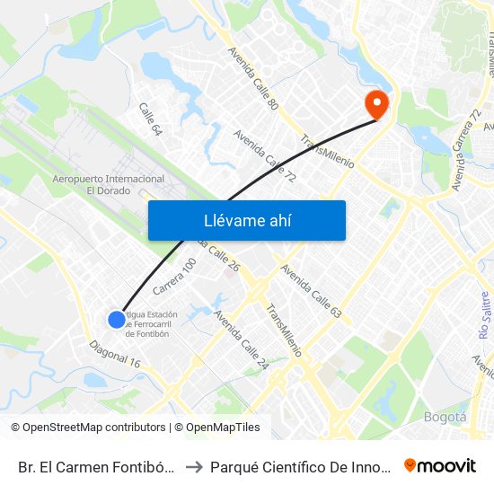 Br. El Carmen Fontibón (Cl 17 - Kr 100) to Parqué Científico De Innovación Social (Pcis) map