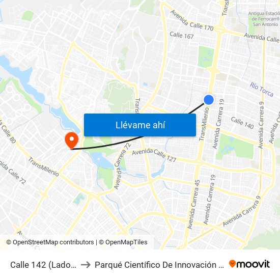 Calle 142 (Lado Norte) to Parqué Científico De Innovación Social (Pcis) map