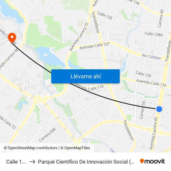 Calle 106 to Parqué Científico De Innovación Social (Pcis) map