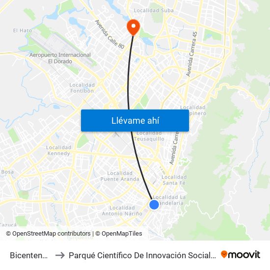 Bicentenario to Parqué Científico De Innovación Social (Pcis) map