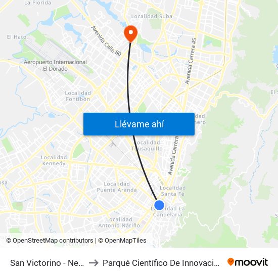 San Victorino - Neos Centro to Parqué Científico De Innovación Social (Pcis) map