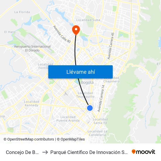 Concejo De Bogotá to Parqué Científico De Innovación Social (Pcis) map