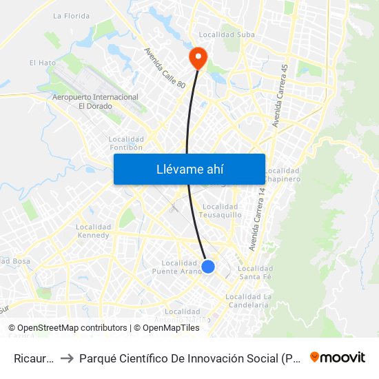 Ricaurte to Parqué Científico De Innovación Social (Pcis) map