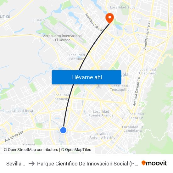 Sevillana to Parqué Científico De Innovación Social (Pcis) map