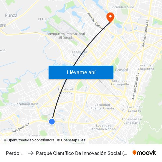 Perdomo to Parqué Científico De Innovación Social (Pcis) map