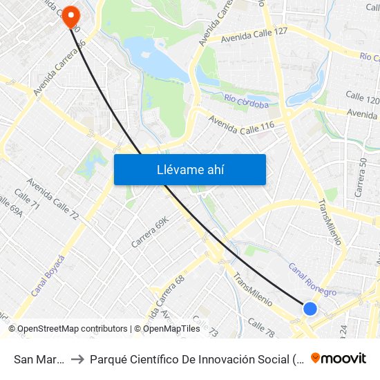 San Martín to Parqué Científico De Innovación Social (Pcis) map