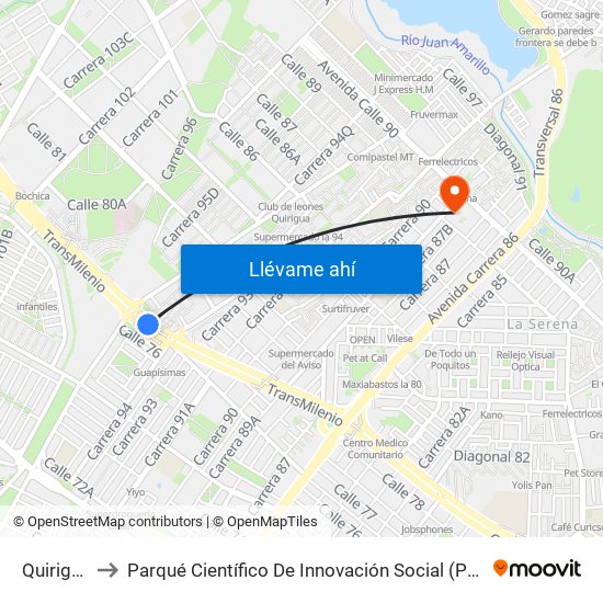 Quirigua to Parqué Científico De Innovación Social (Pcis) map