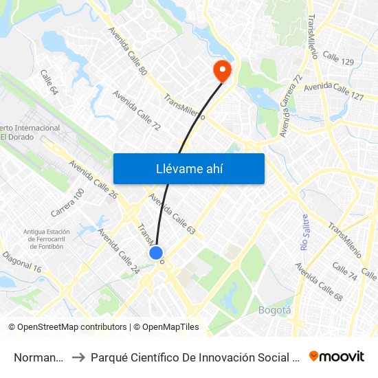 Normandía to Parqué Científico De Innovación Social (Pcis) map