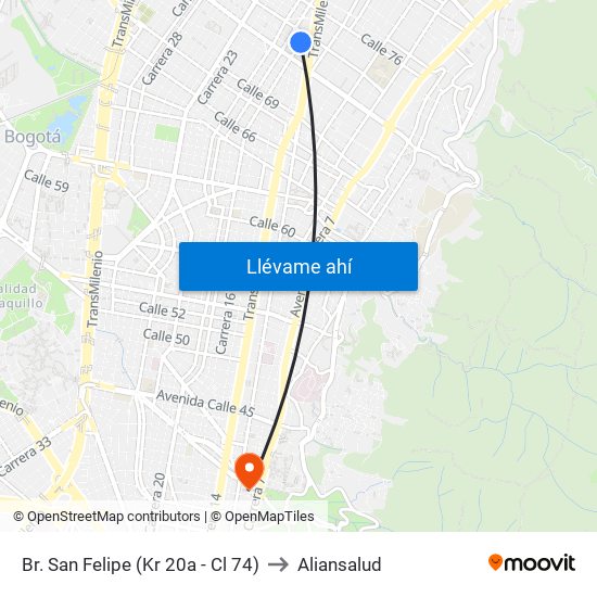 Br. San Felipe (Kr 20a - Cl 74) to Aliansalud map