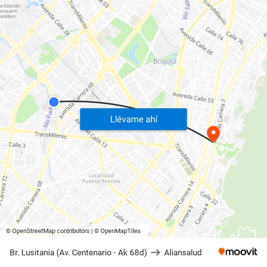 Br. Lusitania (Av. Centenario - Ak 68d) to Aliansalud map