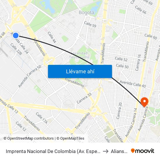 Imprenta Nacional De Colombia (Av. Esperanza - Kr 66) to Aliansalud map