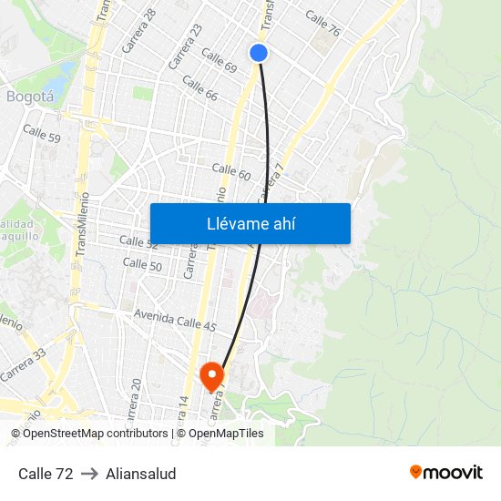 Calle 72 to Aliansalud map