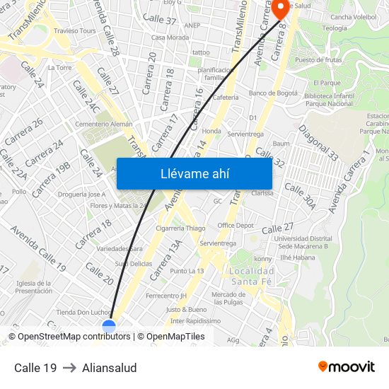 Calle 19 to Aliansalud map