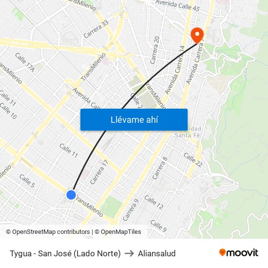 Tygua - San José (Lado Norte) to Aliansalud map