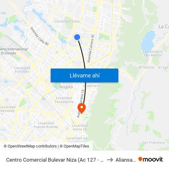 Centro Comercial Bulevar Niza (Ac 127 - Av. Suba) to Aliansalud map