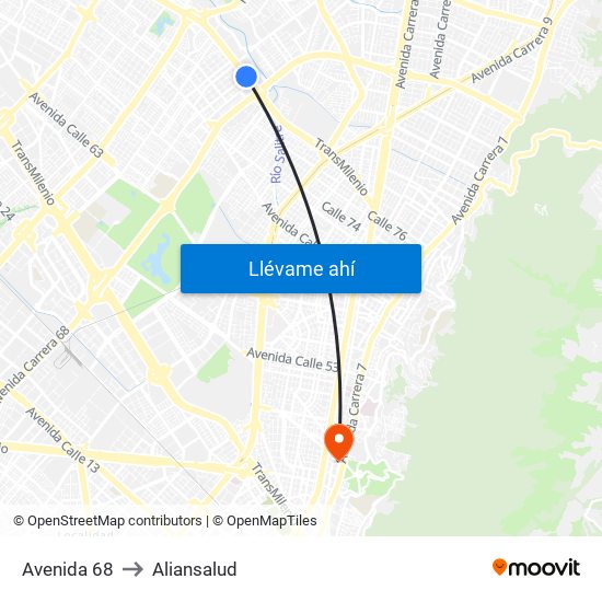 Avenida 68 to Aliansalud map