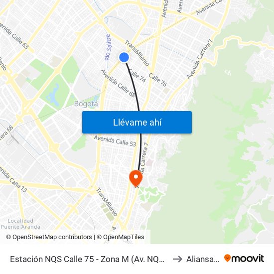 Estación NQS Calle 75 - Zona M (Av. NQS - Cl 75) to Aliansalud map