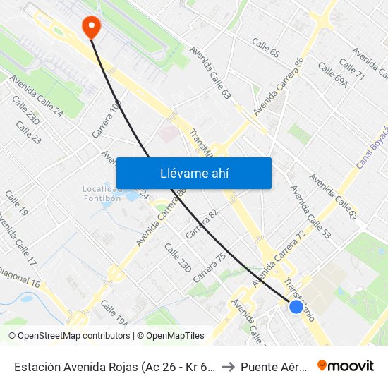 Estación Avenida Rojas (Ac 26 - Kr 69d Bis) (B) to Puente Aéreo T2 map