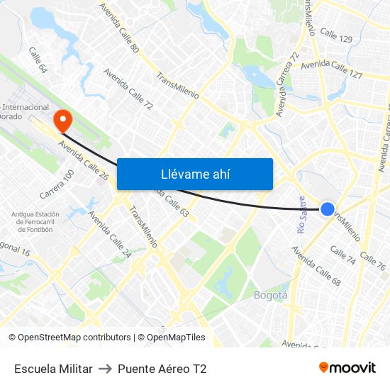Escuela Militar to Puente Aéreo T2 map
