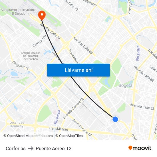 Corferias to Puente Aéreo T2 map