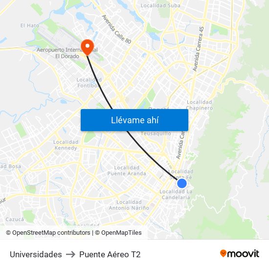 Universidades to Puente Aéreo T2 map