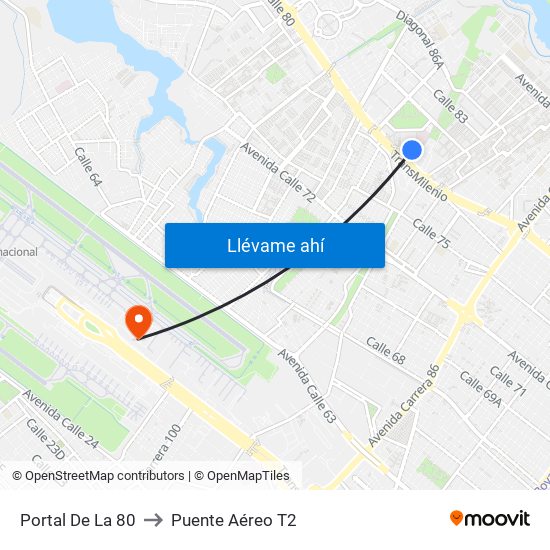 Portal De La 80 to Puente Aéreo T2 map