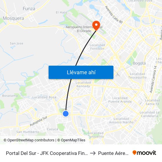 Portal Del Sur - JFK Cooperativa Financiera to Puente Aéreo T2 map