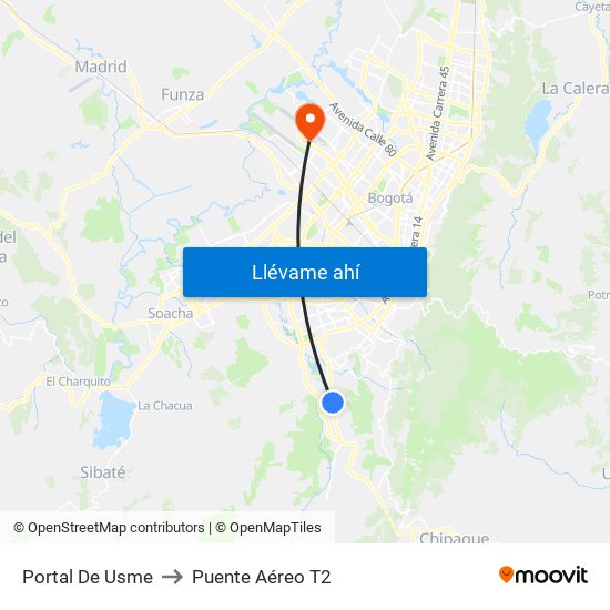 Portal De Usme to Puente Aéreo T2 map