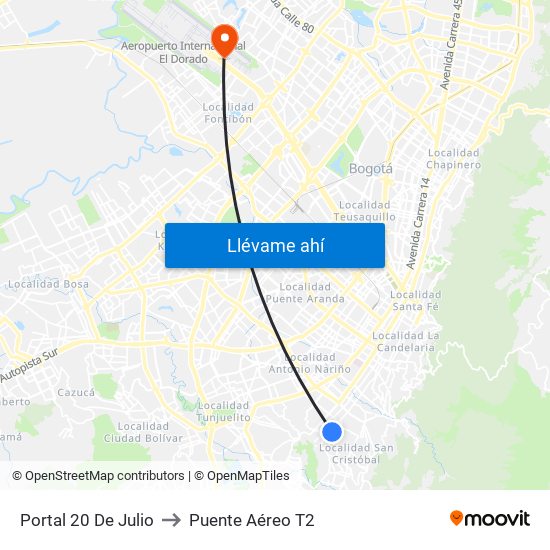 Portal 20 De Julio to Puente Aéreo T2 map