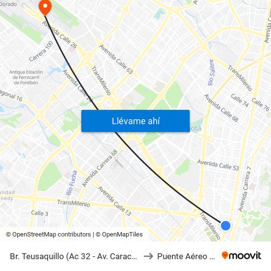 Br. Teusaquillo (Ac 32 - Av. Caracas) to Puente Aéreo T2 map