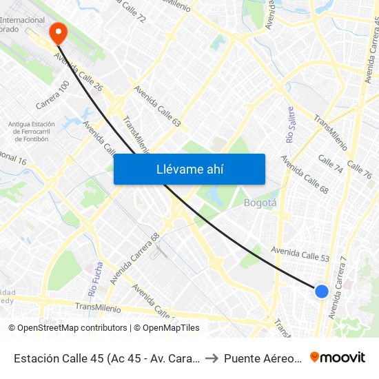 Estación Calle 45 (Ac 45 - Av. Caracas) to Puente Aéreo T2 map