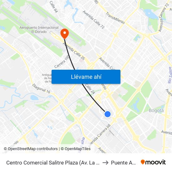 Centro Comercial Salitre Plaza (Av. La Esperanza - Kr 68b) to Puente Aéreo T2 map