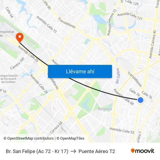 Br. San Felipe (Ac 72 - Kr 17) to Puente Aéreo T2 map