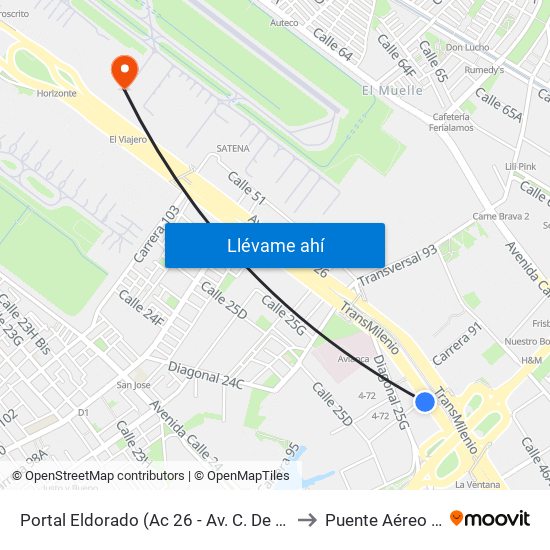 Portal Eldorado (Ac 26 - Av. C. De Cali) to Puente Aéreo T2 map