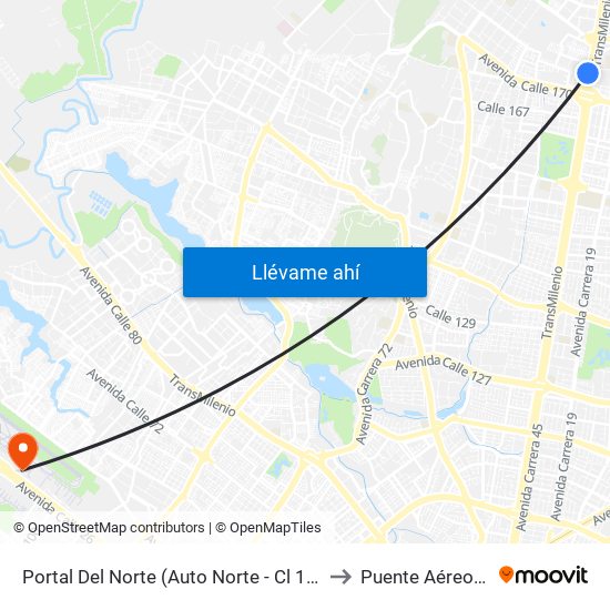 Portal Del Norte (Auto Norte - Cl 174a) to Puente Aéreo T2 map