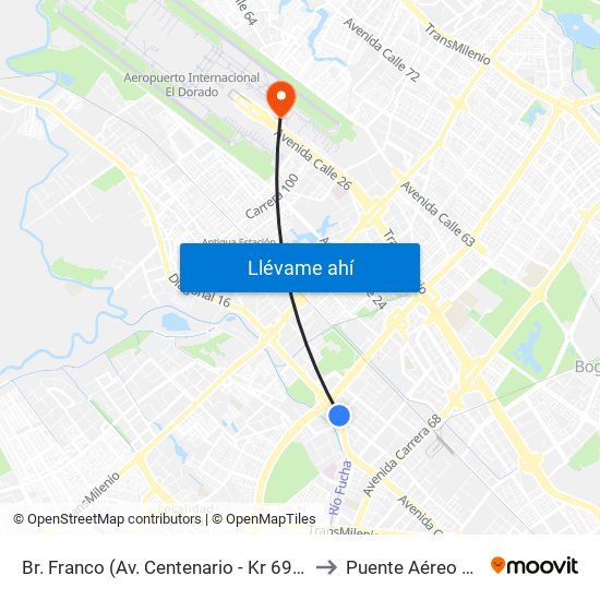 Br. Franco (Av. Centenario - Kr 69b) to Puente Aéreo T2 map