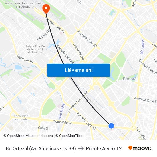 Br. Ortezal (Av. Américas - Tv 39) to Puente Aéreo T2 map