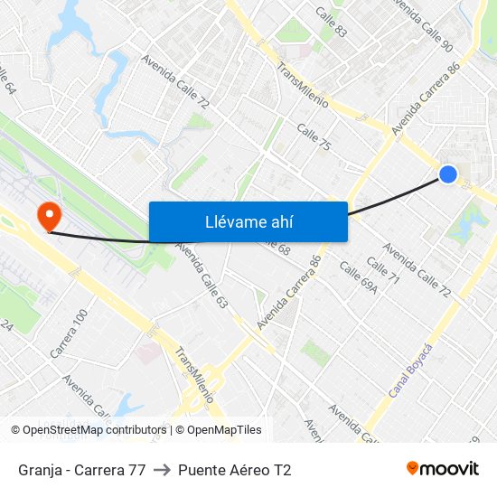 Granja - Carrera 77 to Puente Aéreo T2 map