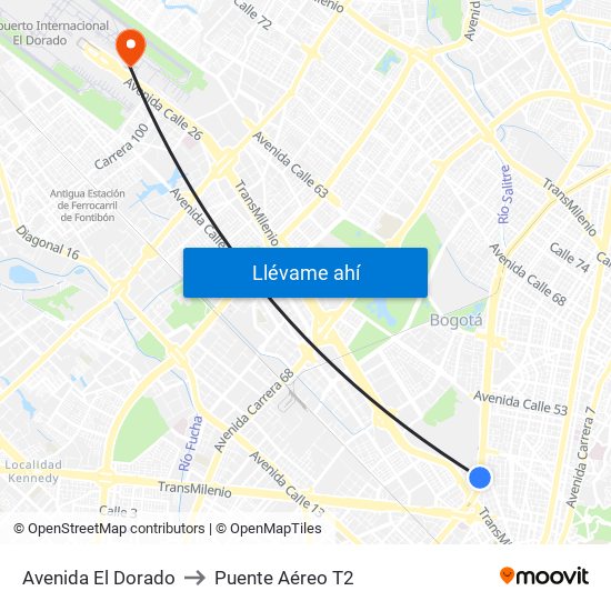 Avenida El Dorado to Puente Aéreo T2 map