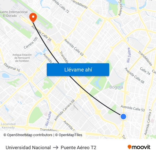 Universidad Nacional to Puente Aéreo T2 map