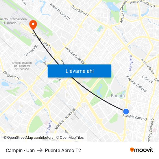 Campín - Uan to Puente Aéreo T2 map