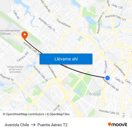 Avenida Chile to Puente Aéreo T2 map